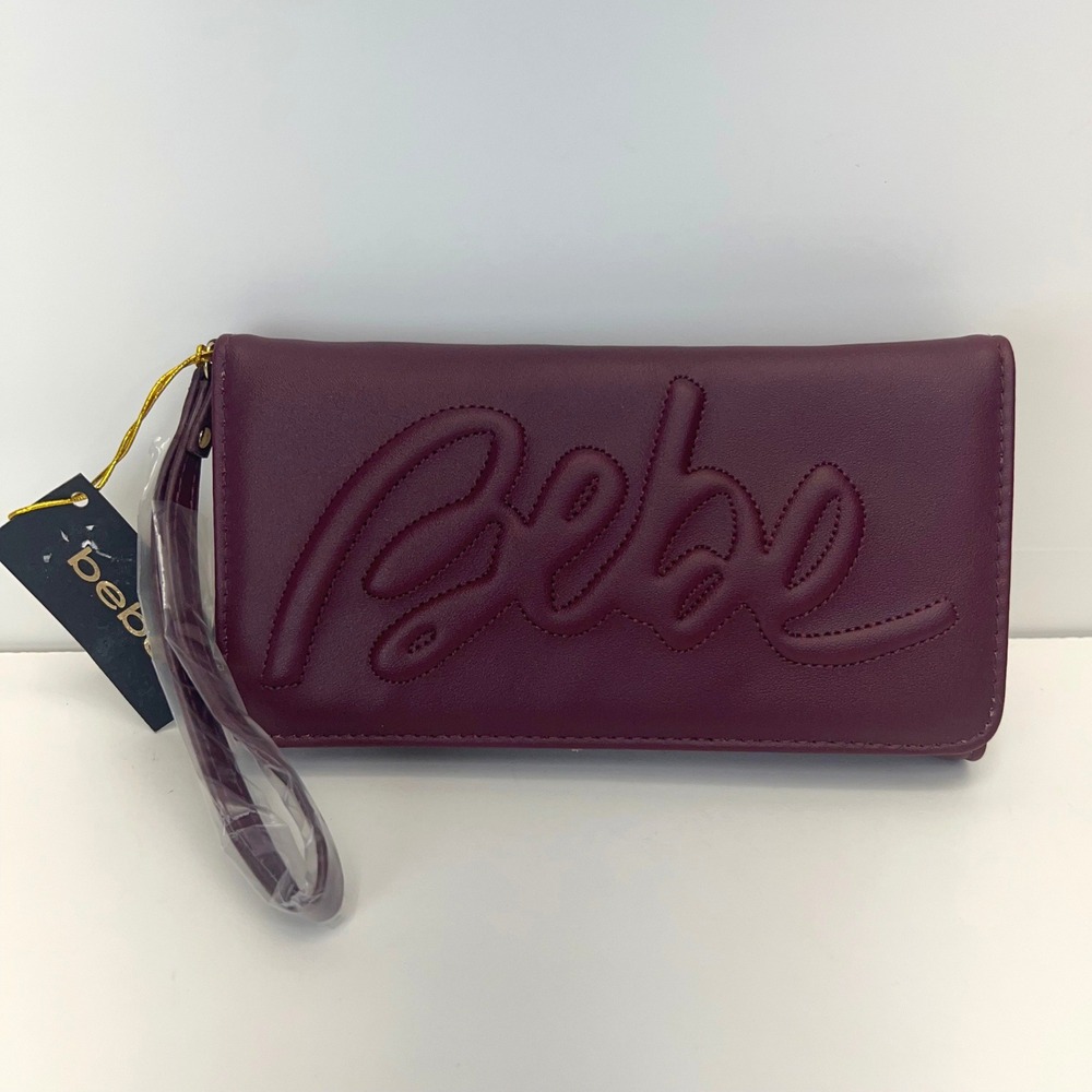 BEBE Louisa Trifold Wallet Multi Slots Embossed Logo Wristlet Clutch Purple NEW
